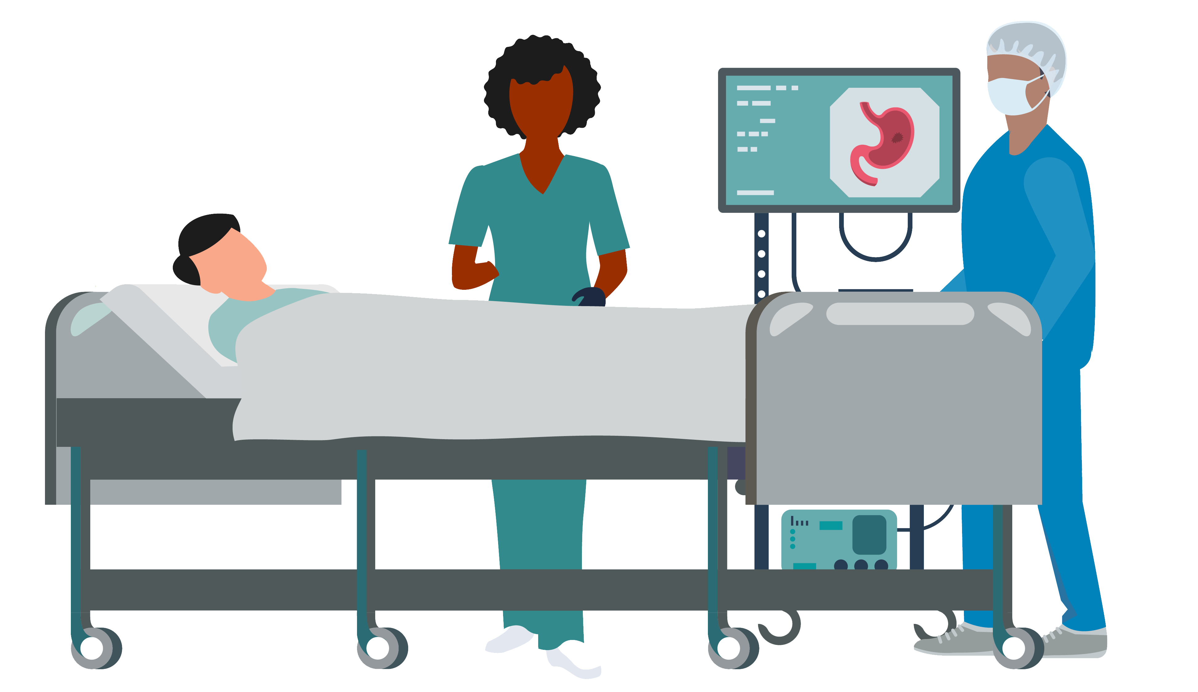 Person in a hospital bed with two hospital staff nearby